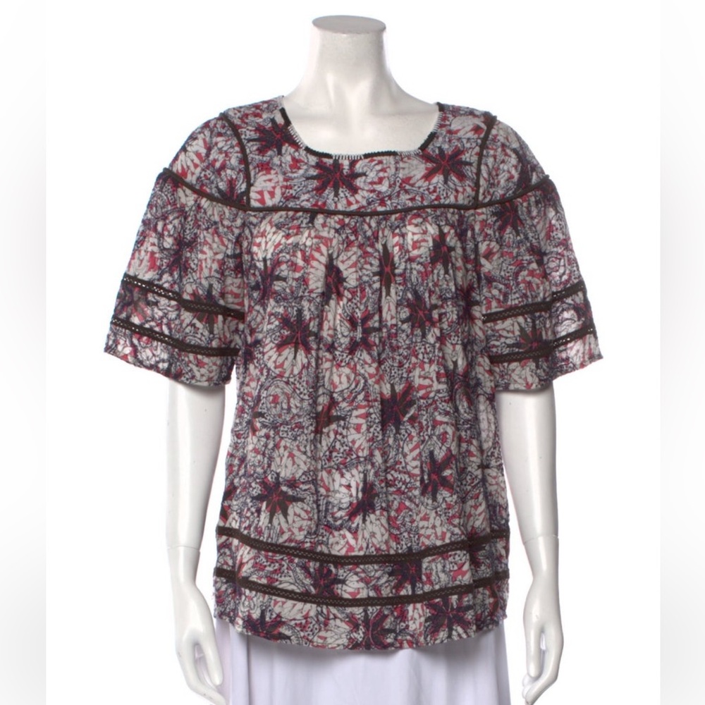 Sea New York cotton blouse blue red size 10 L crochet detail